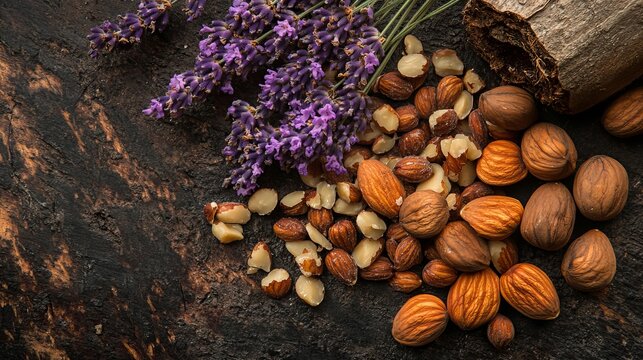 Dried lavender sprigs and assorted nuts arranged on a rustic wooden surface, showcasing natural textures and earthy tones