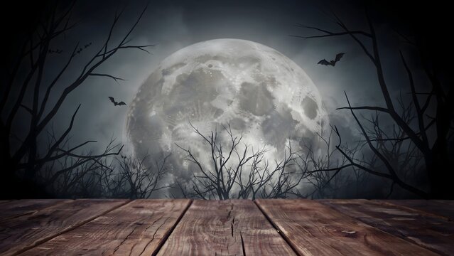 Full Moon with Dark Sky and Silhouetted Trees