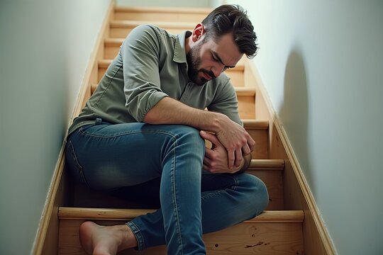 Man on staircase after a slip and fall, gripping his knee in agony.