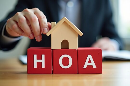 Symbolizing the Connection Between Homeowners Associations: A Close-Up of a Businessperson Placing a House Model on Red Blocks on a Wooden Desk
