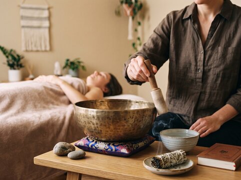 Professional spa therapist performing a relaxing sound healing session with a metal singing bowl for a client lying on a massage table in a studio