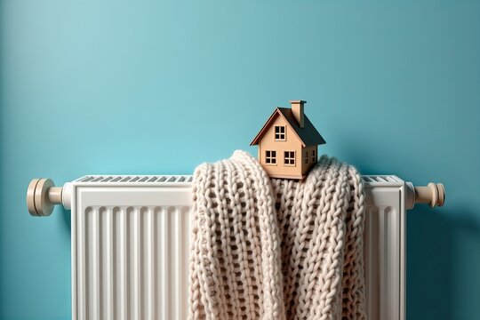 Staying Warm and Saving Energy: A Detailed Look at a Heating Radiator with Model House and Knitted Scarf against a Blue Wall