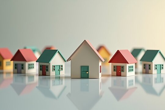 Miniature House Models Surrounding Reflective Desk Represent Homeowner's Association Meeting in Cubic Block Community.