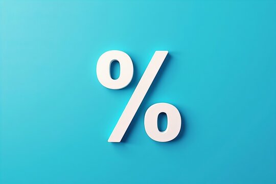 White Percentage Sign Against Blue Wall: Symbolizing Concepts of Discounts, Interest Rates, Profits, and Investments.