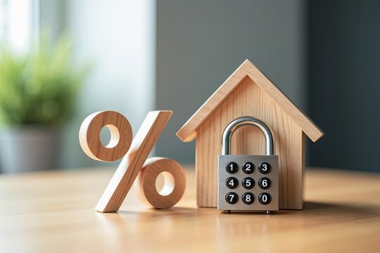 Conceptual image: House model next to percentage sign and keypad lock on wooden desk symbolizing security and financial implications of home ownership.