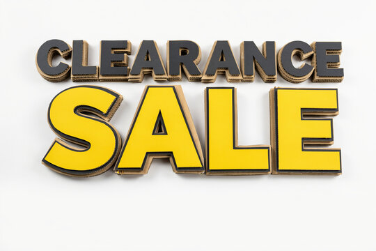 A prominent three dimensional layered typography sign clearly spelling out the words CLEARANCE SALE in bold uppercase black and vibrant yellow letters accented with natural brown cardboard