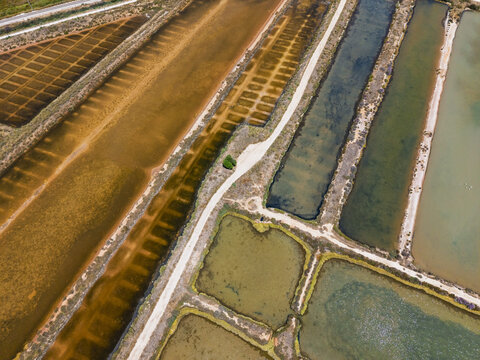 Aerial view of salt pans with geometric patterns of water in varying shades of brown, green, and blue, separated by earthen dikes in Quelfes, Faro District, Portugal.