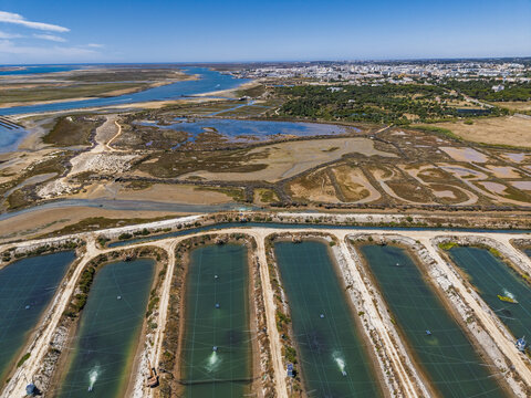 Aerial view of aquaculture ponds with aeration systems in the coastal wetlands of Quelfes, Faro District, Portugal.