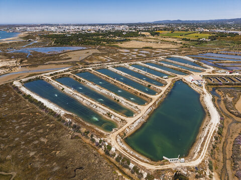 Aerial view of aquaculture ponds for fish farming in the coastal wetlands of Quelfes, Faro District, Portugal.