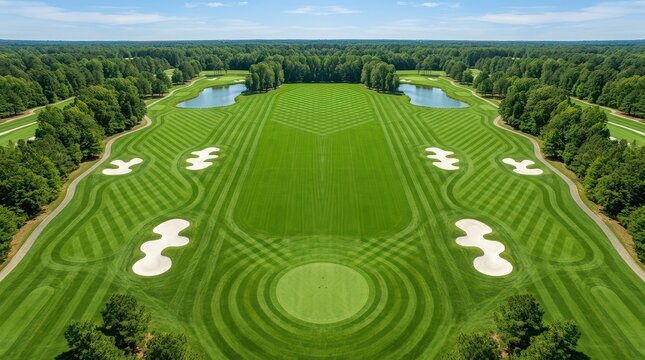 Aerial view of a meticulously manicured golf course with symmetrical fairways and water features image