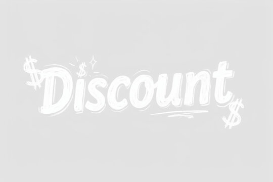 White hand-drawn brush stroke style text spelling the word Discount surrounded by various dollar signs and shining star details creating an engaging visual for sales promotions and special offers