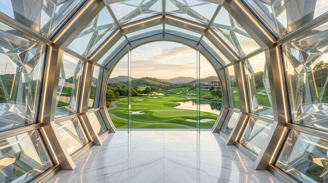 View of a golf course through a geodesic dome window at sunset image photo
