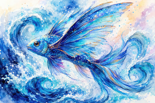Blue watercolor flying fish illustration, ocean fantasy artwork and marine life design