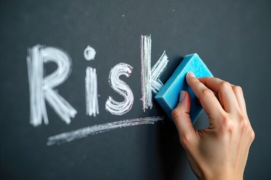 Erasing Risk: Close-Up Photo of Hand with Blue Sponge on Chalkboard
