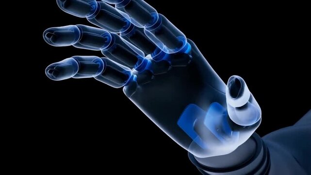 A transparent robotic hand uncurls its clenched fist, showing internal mechanical components and glowing blue joints against a dark background.