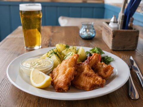 Backfisch im deutschen Restaurant: Knusprig ausgebackene Fischfilets mit Salzkartoffeln, Remoulade, Zitrone und Salat, frisch auf wei&szlig;em Teller serviert.