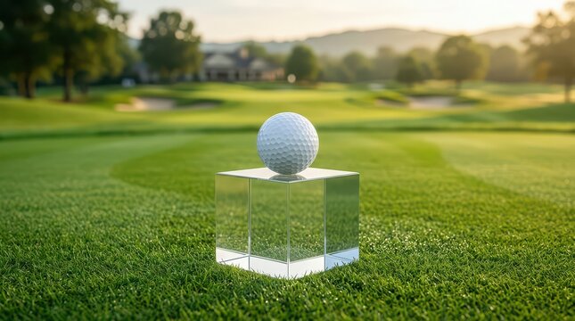 Golf ball resting on a reflective cube on a manicured golf course at sunrise Keywords: golf, golf ball, cube, reflective, pedestal, stand, trophy
