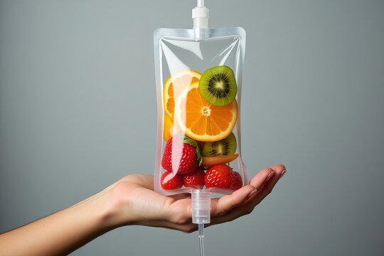 Close-up of Hand Holding Saline Bag with Fruit Slices on Grey Background - Symbolizing IV Vitamin Therapy and Nutrition Infusion.