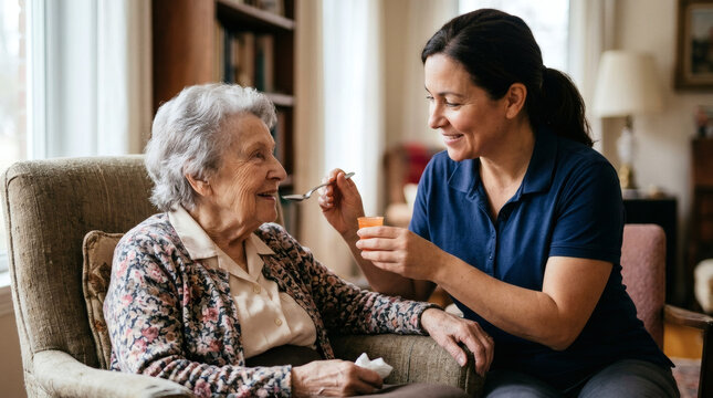 A kind caregiver spoon-feeds an elderly woman, offering gentle care and support while the woman sits comfortably in an armchair at home.
