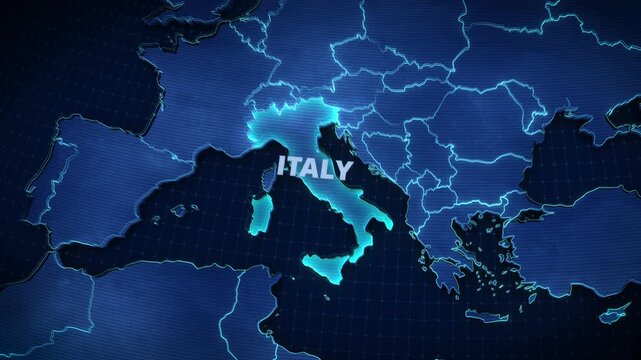Stylized 3D regional map animation highlighting Italy, Europe, featuring glowing neon boundaries, extruded terrain, and bold typography for a travel and news-style graphic template.
