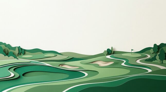 Paper Cutout Golf Course Landscape with Green Hills and Sand Traps paper art