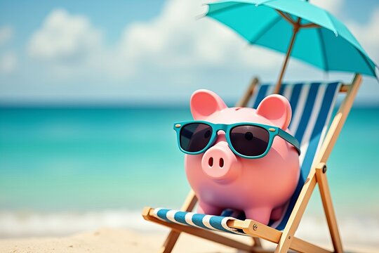 Adorable Pink Piggybank Relaxing on Beach Chair with Sunglasses, Symbolizing Secure Retirement Savings