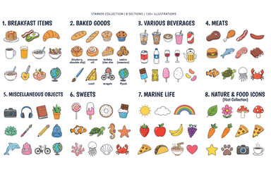 Fototapeta premium Educational poster featuring a colorful collection of hand drawn food items and various objects for kids learning vocabulary