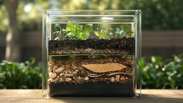 Terrarium display featuring lush green seedlings growing within a clear glass cube on a wooden surface