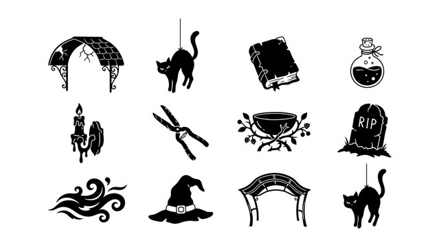 Black and white halloween witch and spell icons set