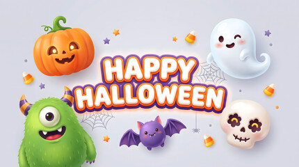 Fototapeta premium Cute Happy Halloween Characters with Pumpkin Ghost Monster Bat and Skull