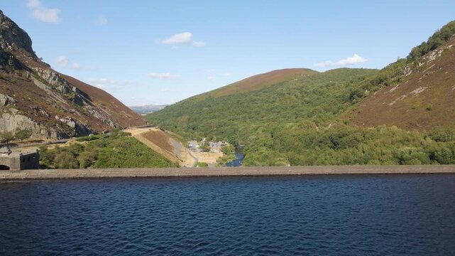Drone footage of spectacular Caban Coch Dam in Wales
