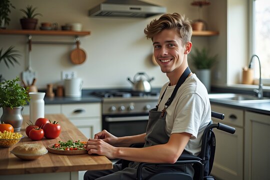 Young man with a disability cooks in kitchen from his wheelchair