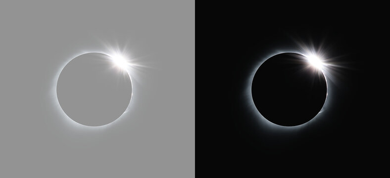 Total solar eclipse with diamond ring effect isolated on grey and black background. Glowing lunar eclipse corona light ring set. Luminous solar flare ring effect