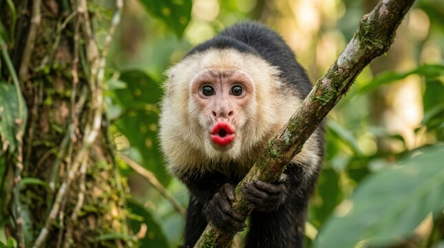 Capuchin monkey looking closely in forest foliage