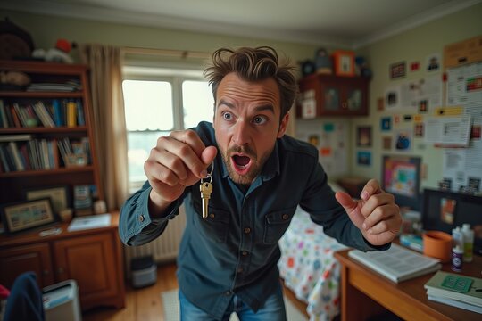 Man desperately rummaging through disorganized room in search of lost keys.