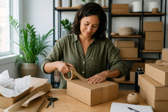 Smiling woman seals a cardboard parcel with packing tape at a workspace surrounded by boxes, plants, and shipping supplies.