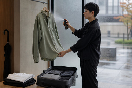 Short-haired traveler sprays a green shirt while organizing clothes in an open suitcase beside a rainy window.