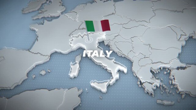 3D map animation highlighting Italy, Europe, featuring an Italian national flag, glowing country outline, and typography for a travel and news-style graphic template.
