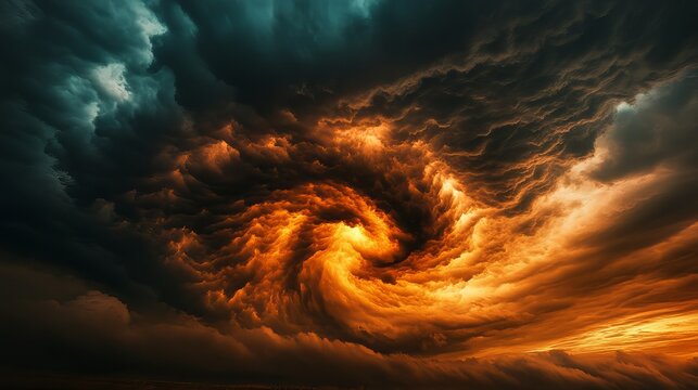 Dramatic swirling vortex of fiery clouds and dark storm elements, conveying power and turbulent change