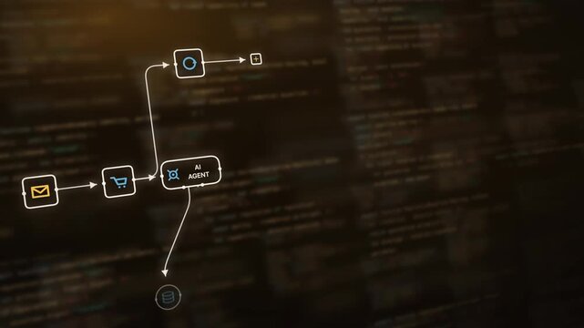Dynamic amber-hued AI agent workflow featuring a blurred code backdrop with glowing nodes and icons, showcasing a modern tech aesthetic and a sense of digital interaction in a refund process