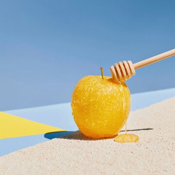 A translucent honey apple with a wooden dipper on a colorful graphic background, showing glowing syrupy textures for Rosh Hashanah and wellness branding