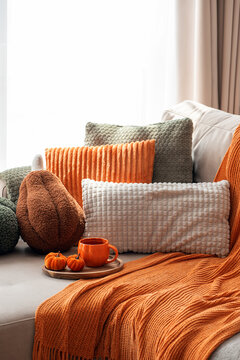 Cozy autumn living room scene with decorative pumpkins and warm blankets creating a festive holiday atmosphere