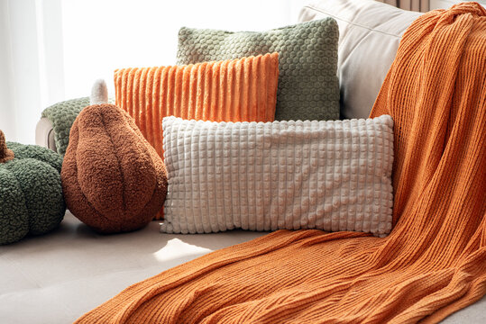 Cozy Autumn Arrangement of Textured Cushions and Warm Orange Throw on Sofa