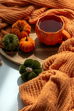 Cozy Autumn Scene with Pumpkins and Warm Drink on Wooden Tray Surrounded by Orange Blanket