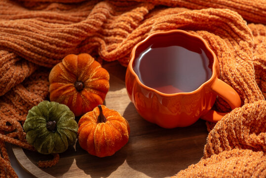 Cozy Autumn Still Life With Pumpkins And Warm Drink Arranged With Textured Fabric For Fall Season Concepts