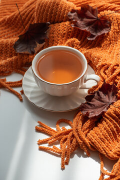 Warm cup of tea surrounded by cozy textured blanket and autumn leaves on white surface