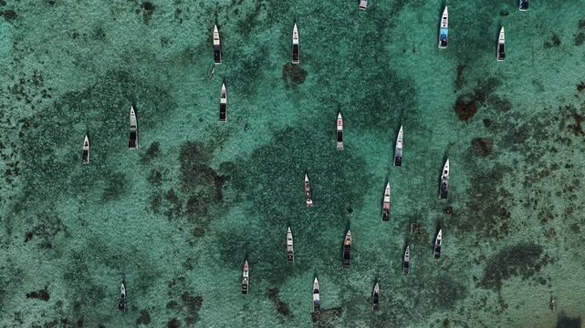 Aerial view of numerous traditional wooden boats anchored in the crystal clear turquoise waters of the Karimunjawa archipelago, Karimunjawa, Central Java, Indonesia.