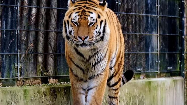 Majestic siberian tiger walking gracefully inside a secure zoo enclosure displaying its powerful orange fur and black stripes while licking its nose before roaring loudly with exposed teeth in this hi