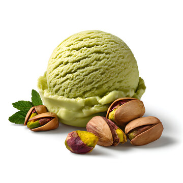 A single scoop of creamy green pistachio ice cream with fresh nuts on the side