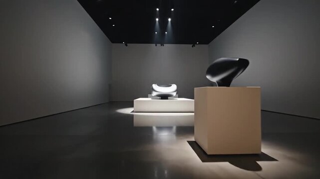 Sculptural Serenity: Modern abstract sculptures stand as focal points within a minimalist art gallery, illuminated by dramatic spotlighting.